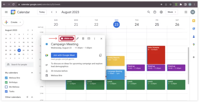 Clocking out via Jibble out button in Google Calendar