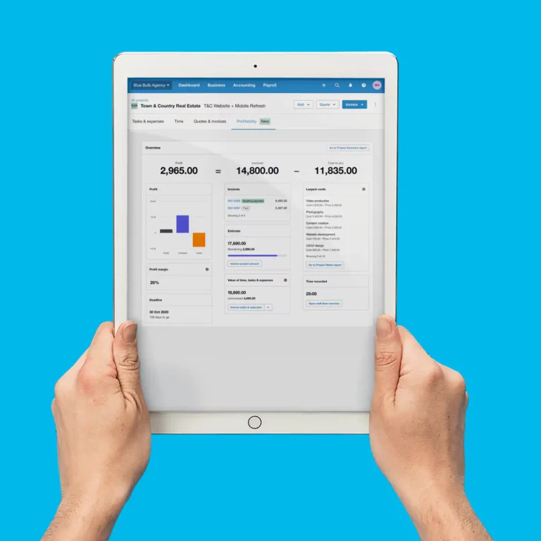 Hands holding a tablet showing a screenshot of the Xero Projects Overview on a blue background.