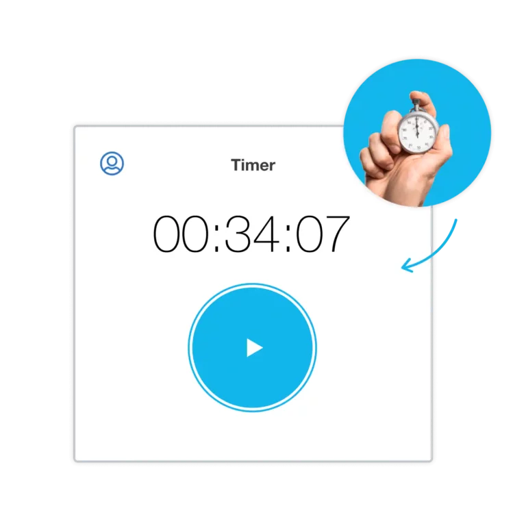 Composite image showing the Xero Projects timer button overlaid with an image of a hand holding a manual timer.