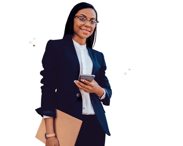 Lawyer carrying file and holding phone