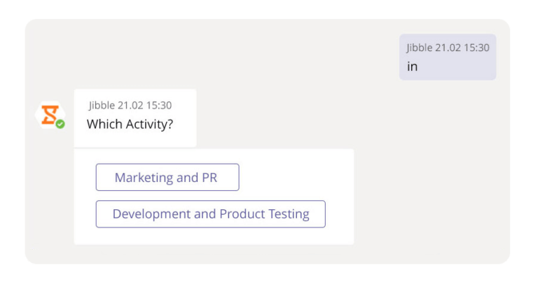 Rastreamento de tempo no Microsoft Teams com o bot Jibble, escolha da atividade de entrada