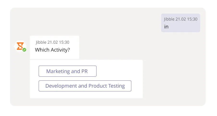 Jibble Microsoft Teams bot time tracking, clock in activity choice