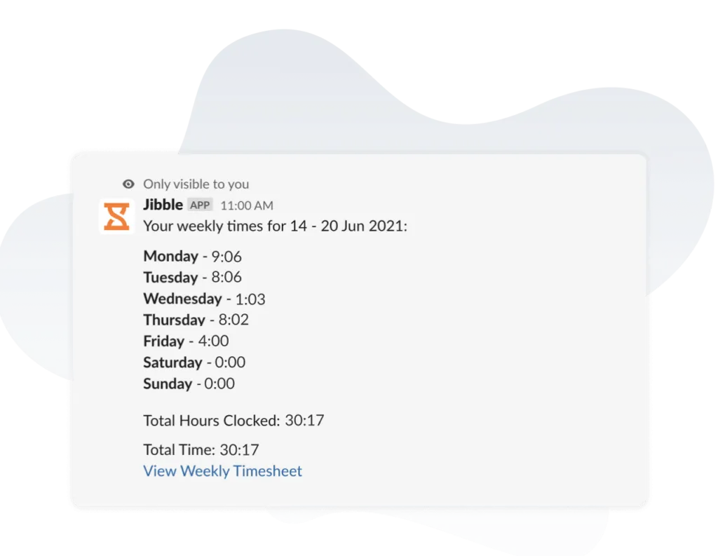 Viewing weekly timesheets via bot commands in Slack including total hours clocked and total time