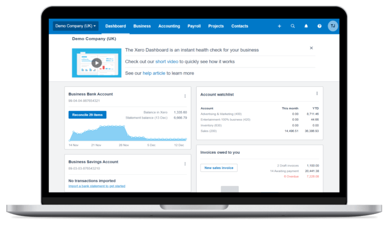 Xero dashboard on laptop