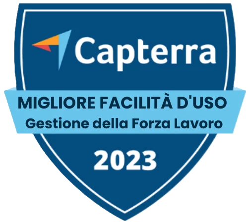 Capterra - Migliore Facilità d'Uso (Gestione della Forza Lavoro) 2023 Capterra - Migliore Facilità d'Uso (Gestione della Forza Lavoro) 2023