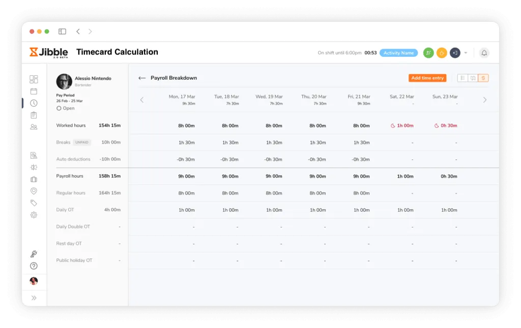 Timecard with calculation