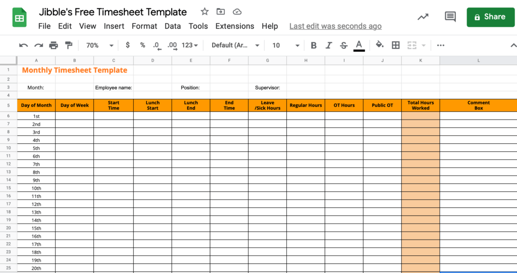 Example of timesheet template