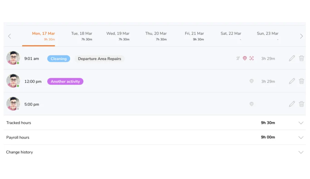 Detailed timesheet view with icons