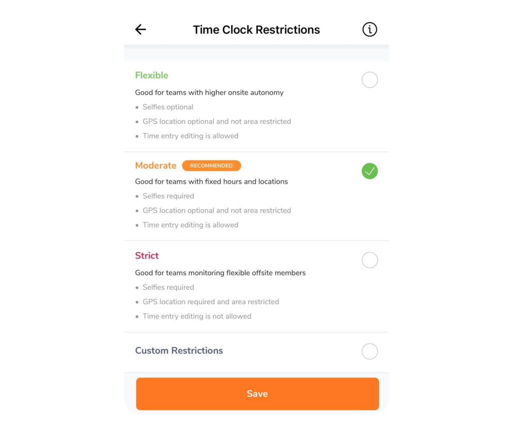 Choosing time clock restriction type on mobile   