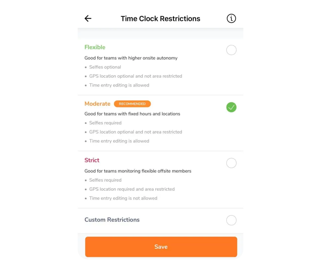 Choosing time clock restriction type on mobile   