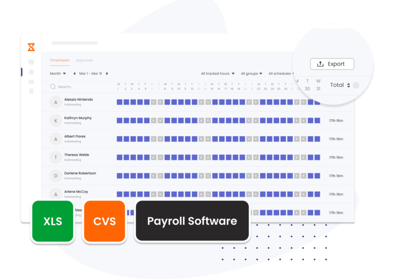 Timesheet exports options; XLS, CVS and payroll software