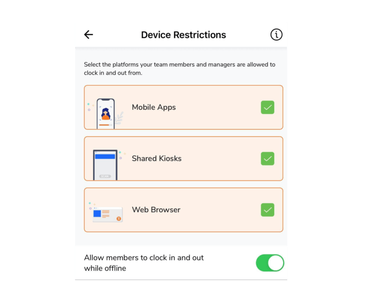 Device restriction settings for time tracking using mobile app