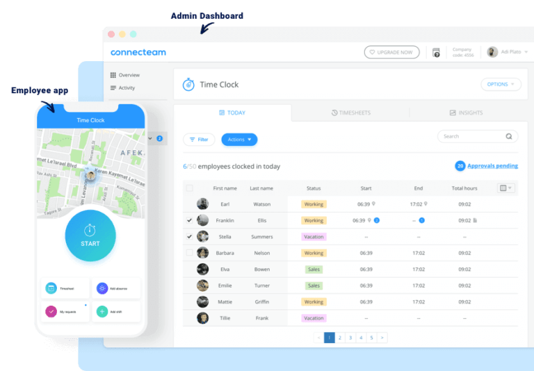 Overview of Connecteam dashboard and mobile app