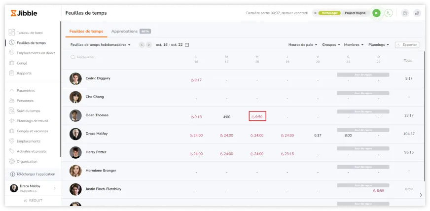Clicking on a time to access detailed timesheets