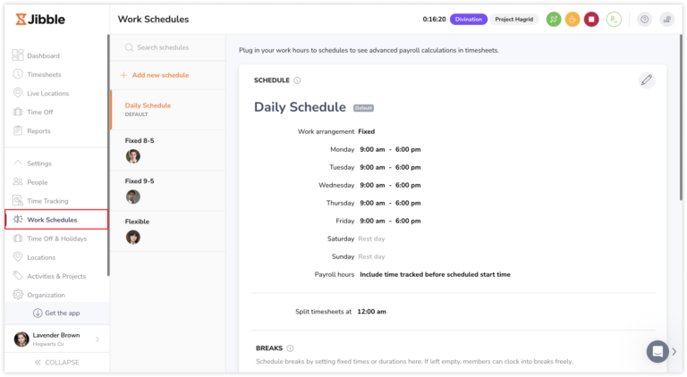 Accessing work schedules tab on the web app