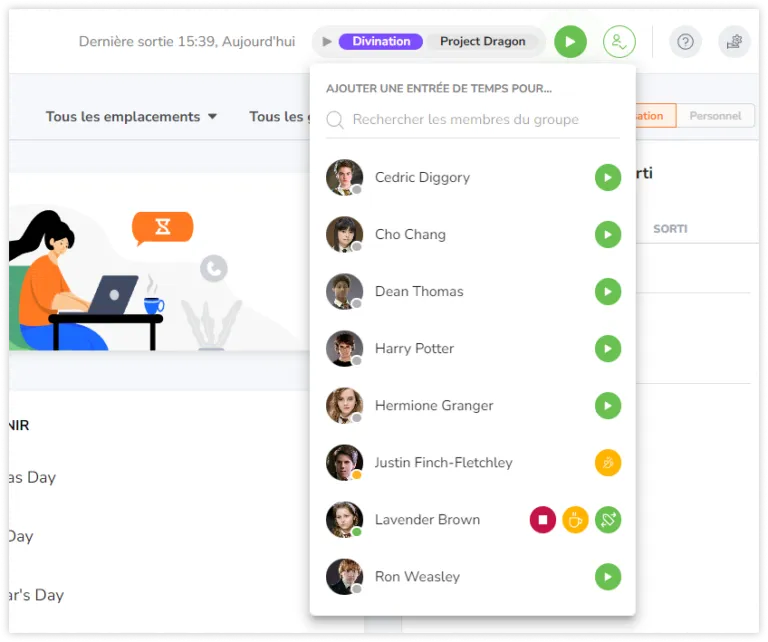 Add a time entry from the timer on top
