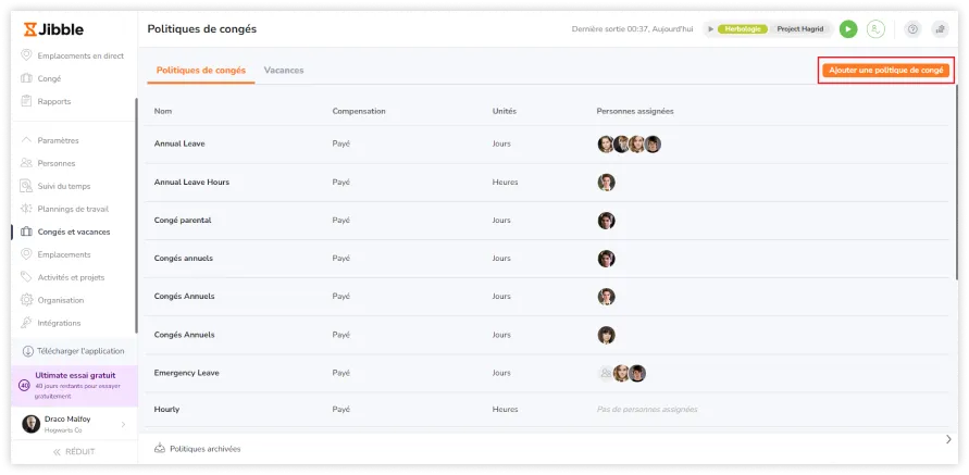 Adding time off policies on web
