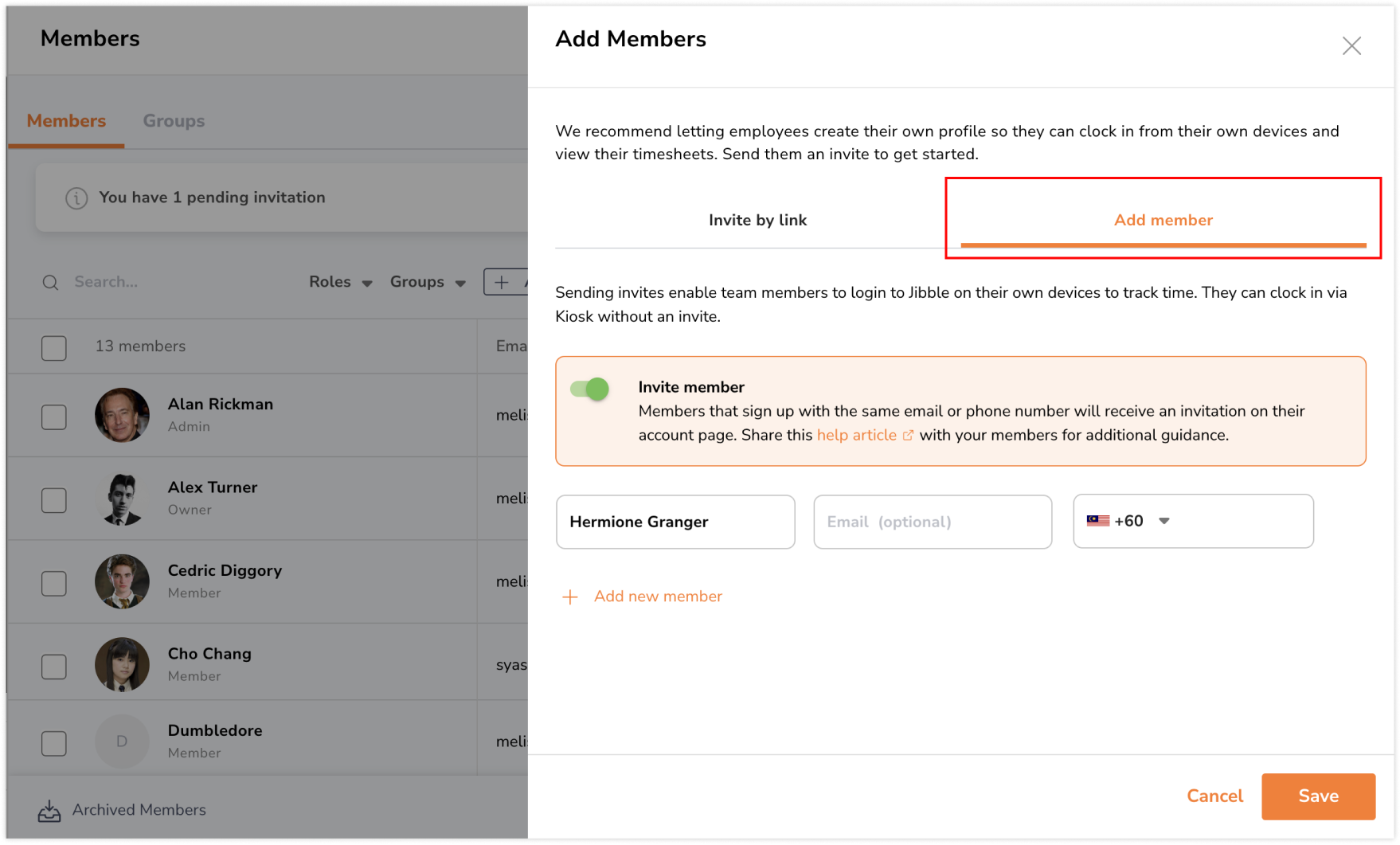Add member tab on People tab