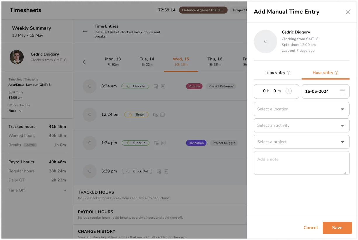Adding manual hour entries