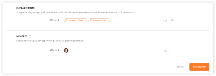 Assign members to work schedules. Optionally, connect work schedules to locations.