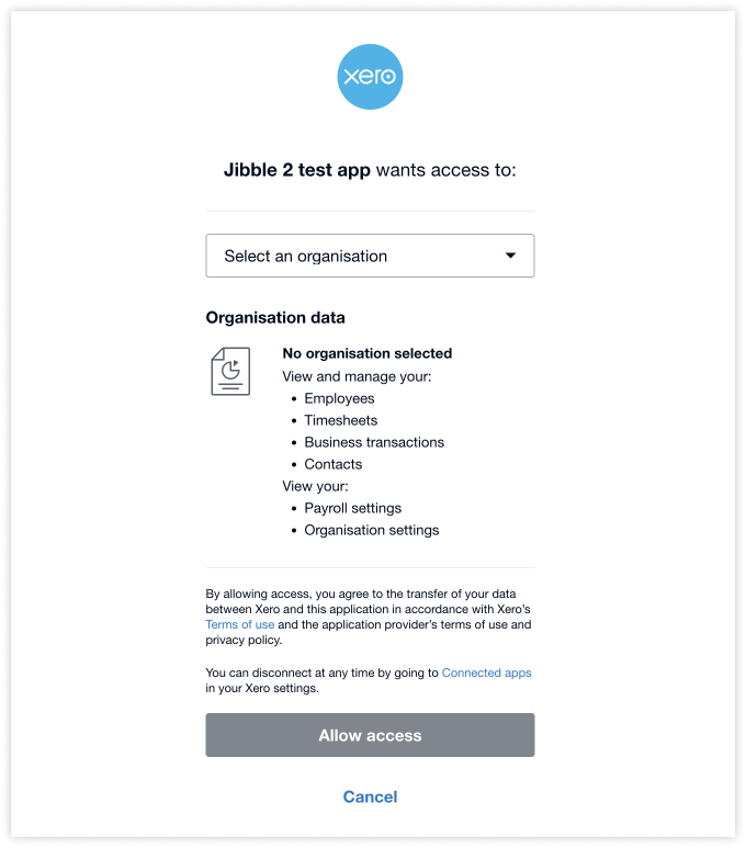 Authorizing Xero access to Jibble