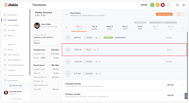 Break entry on timesheets on the web app