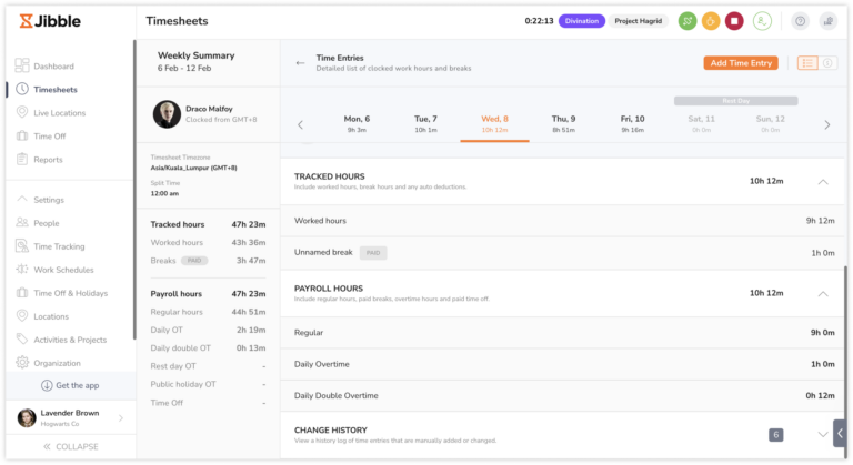 Breakdown of hours shown on timesheets on the web app