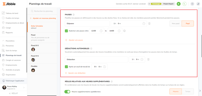 Configuring breaks and auto deductions on work schedules