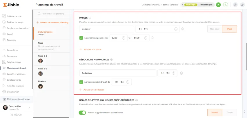 Configuring breaks and auto deductions on work schedules