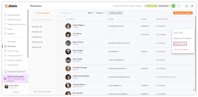 Changement de rôle via le bouton ellipse dans l'application web