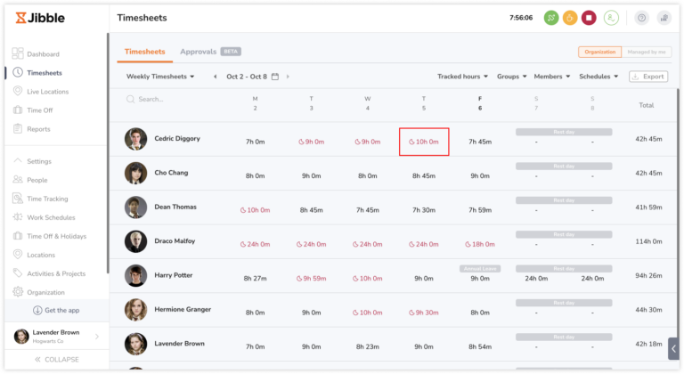 Clicking on a time to access detailed timesheets