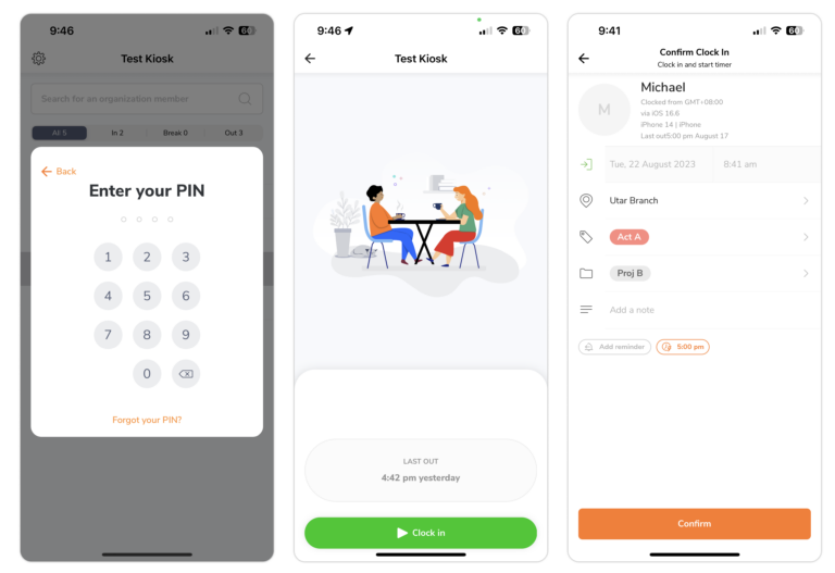 Clocking in via time clock kiosk with PIN verification