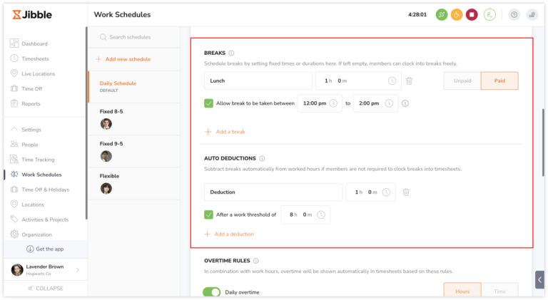 Configuring breaks and auto deductions on work schedules