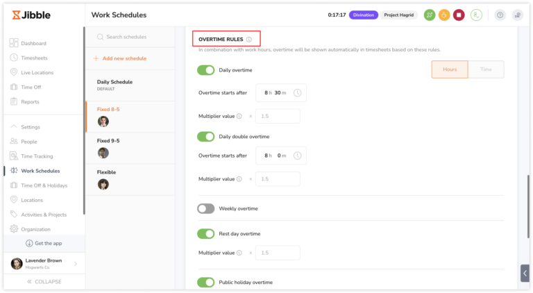 Configurando regras de horas extras nos horários de trabalho no aplicativo da web