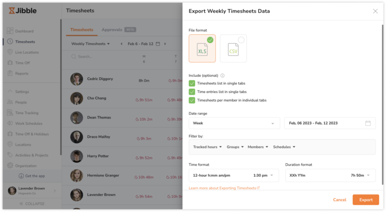 Configuring timesheet export selections on the web app