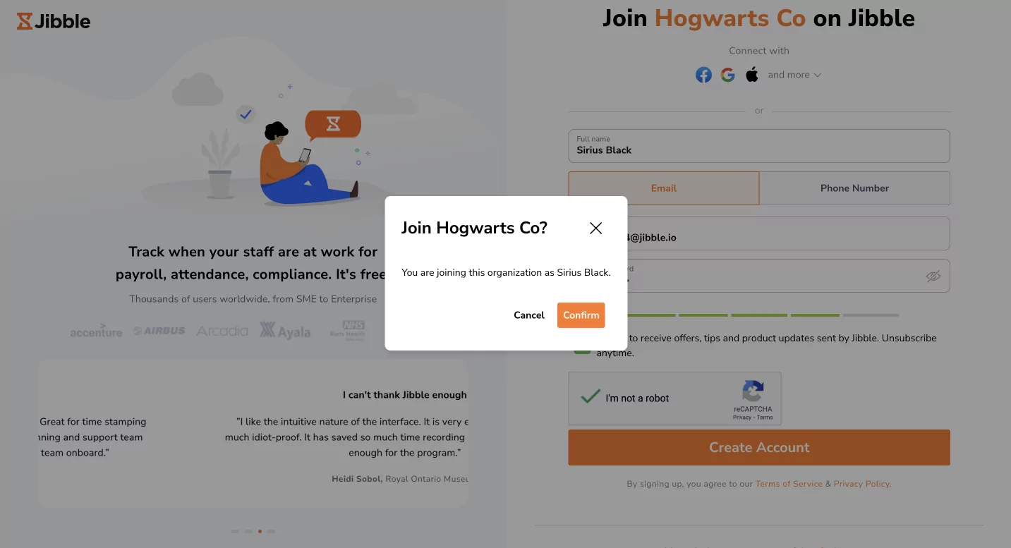 Confirmation prompt to join organization