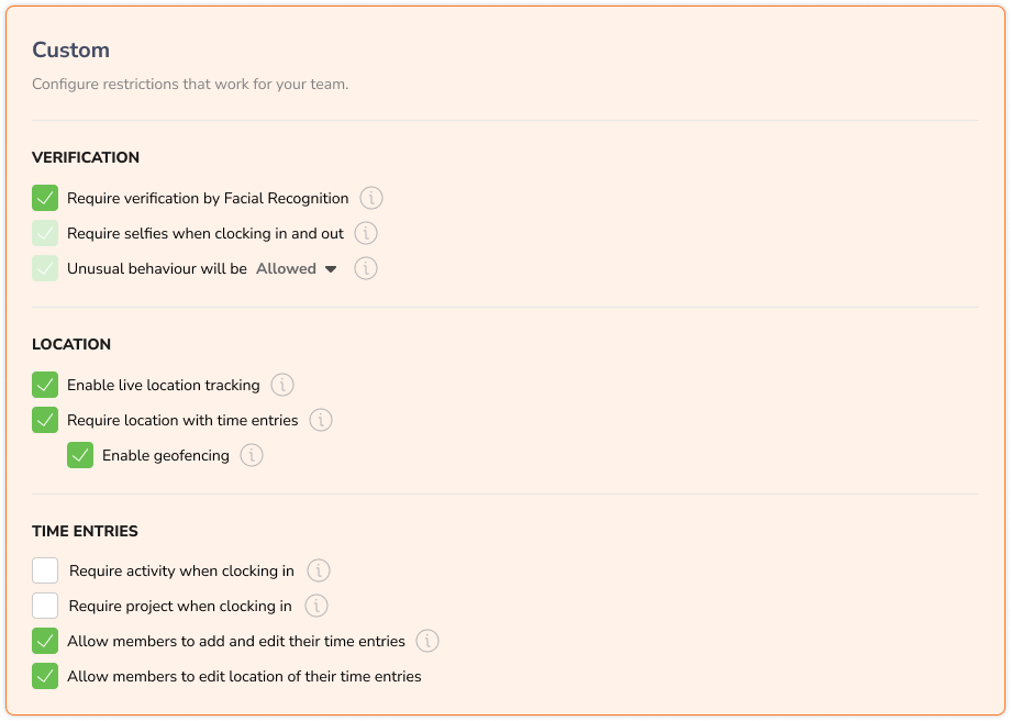 Custom time clock restrictions