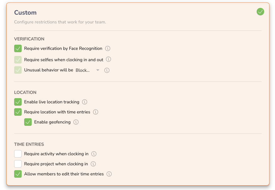 Custom time clock restrictions on time tracking settings