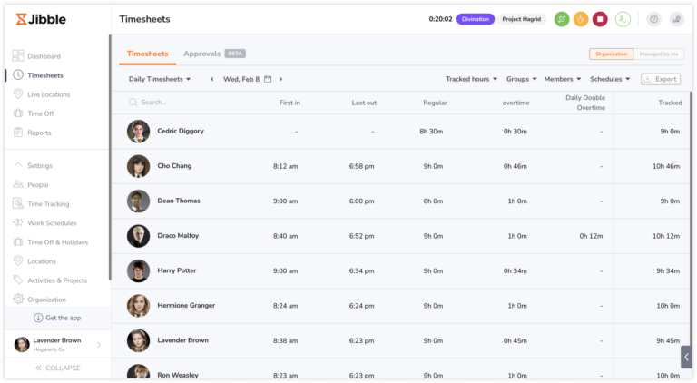 Daily timesheets view on the web app