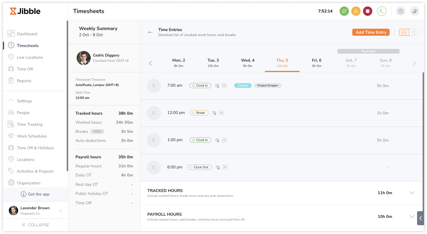 Detailed timesheets on the web app