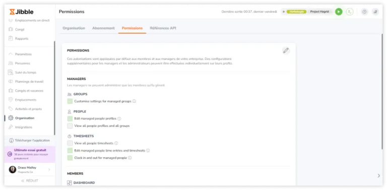 Autorisations par défaut des rôles sous l'onglet Organisation