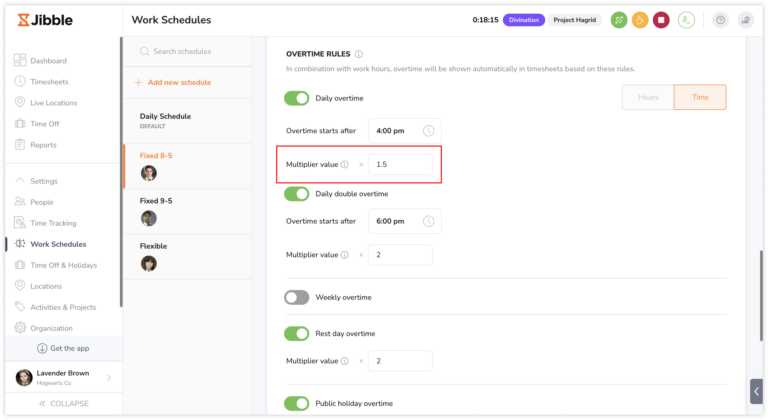 Defining multiplier values for overtime on the web app