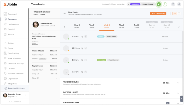 Detailed breakdown of time entries on timesheets