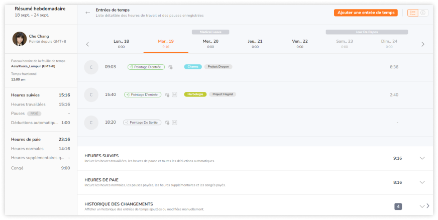 Upon clicking on a member's daily hours on the main timesheet view you see, you will see a detailed personal daily timesheet with a detailed breakdown of the member's timesheets. This is where you can manage their time entries and track hours.