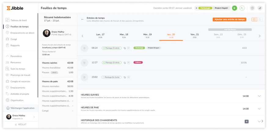 Detailed timesheet view on the web app