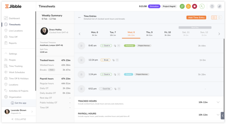 Detailed timesheet view on the web app