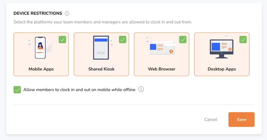 Device restrictions on time tracking settings