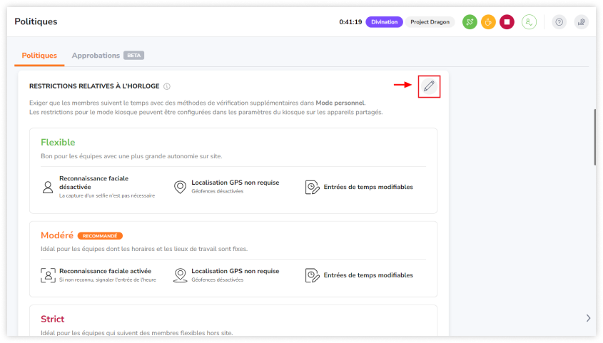 Pencil icon to edit time clock restrictions