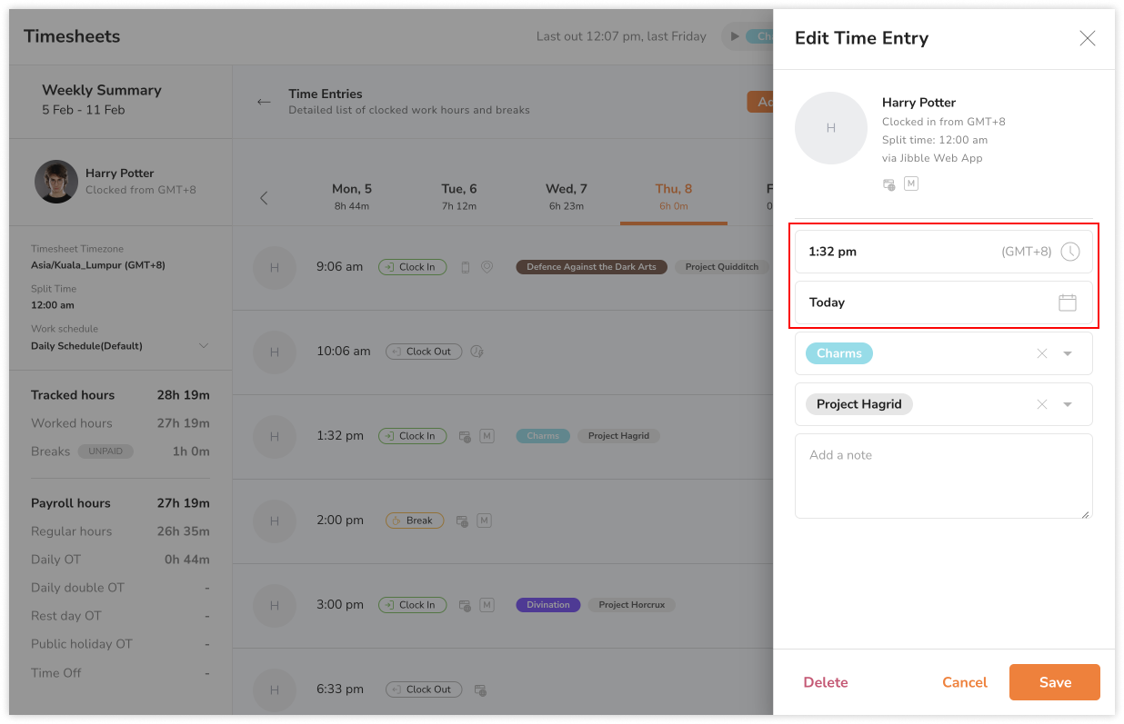 Editing date and time of time entries
