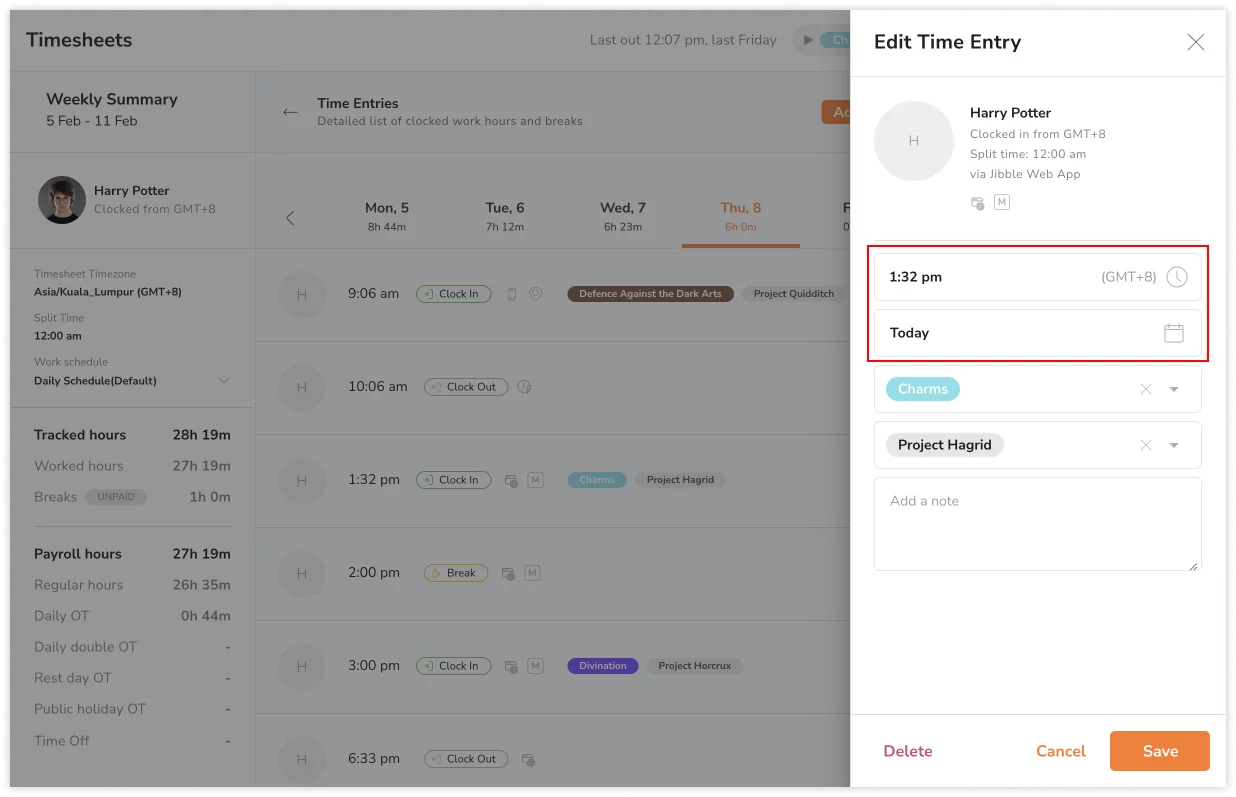 Editing date and time of time entries